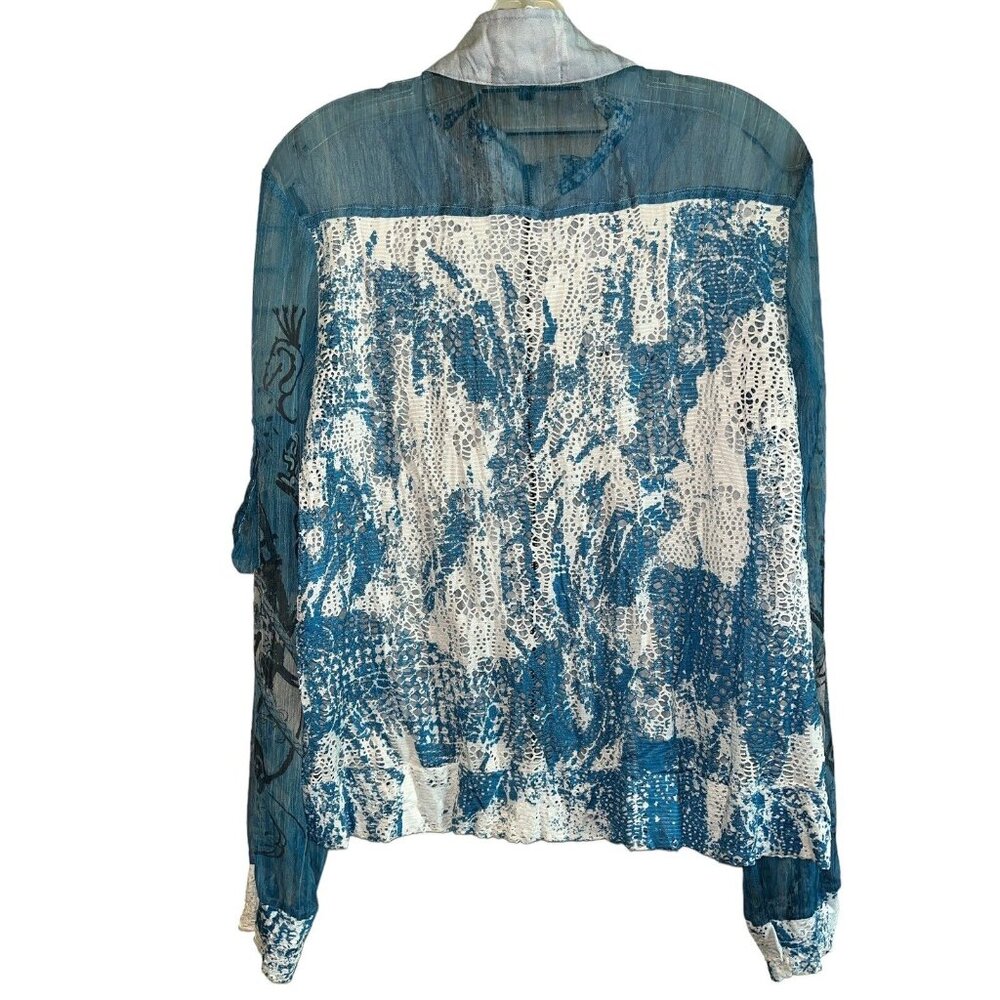 Blue White Gauze Cativa XL Women's Zip Up Mesh Inset Grommet LS Beachy Top - Picture 2 of 8